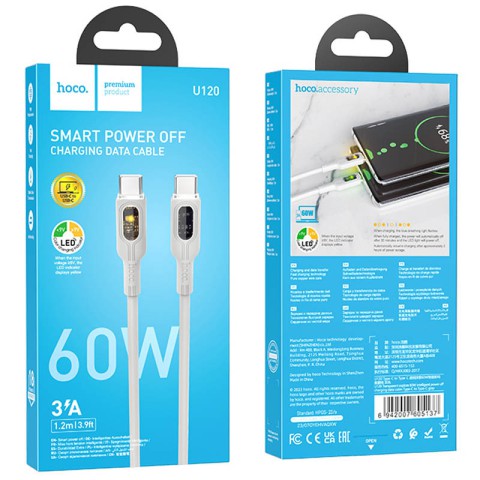 Дата кабель Hoco U120 Transparent explore intelligent power-off PD 60W Type-C to Type-C (1.2m) Gray