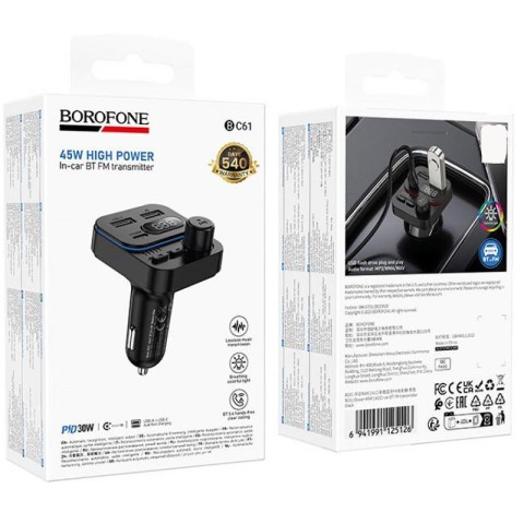 АЗП FM модулятор Borofone BC61 Ocean PD30W+QC3.0 total 45W (2USB-A/1C) Black