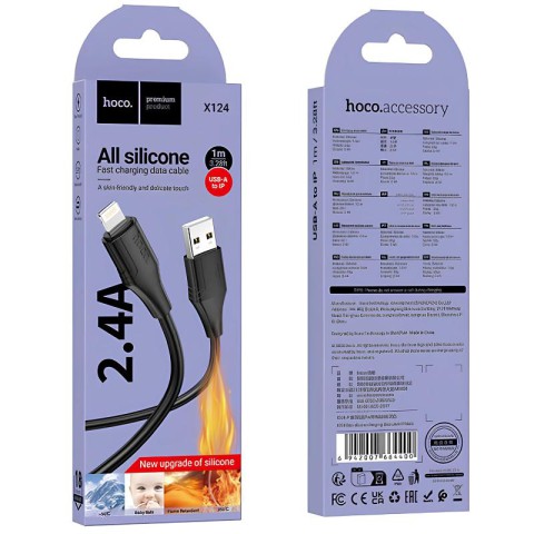 Дата кабель Hoco X124 Bien silicone USB to Lightning 2.4A (1m) Black