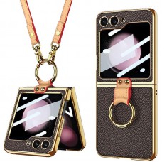 Шкіряний чохол GKK with ring and strap для Samsung Galaxy Z Flip5 Brown