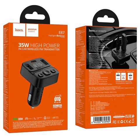 АЗП FM модулятор Hoco E87 Delta 35W (1USB-A/1C) Black