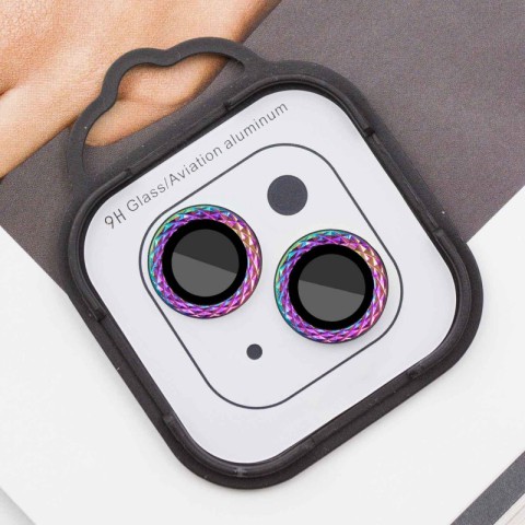 Захисне скло Metal Shine на камеру (у упак.) для Apple iPhone 15 (6.1") / 15 Plus (6.7") Бузковий / Rainbow