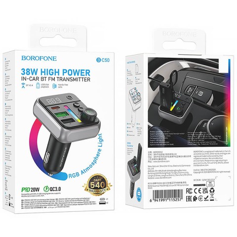 АЗП FM модулятор Borofone BC50 Ascenso PD20W+QC3.0 total 38W (2USB-A/1C) Black