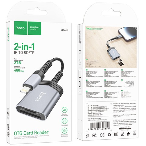 Картридер Hoco UA25 2in1 Lightning Metal gray