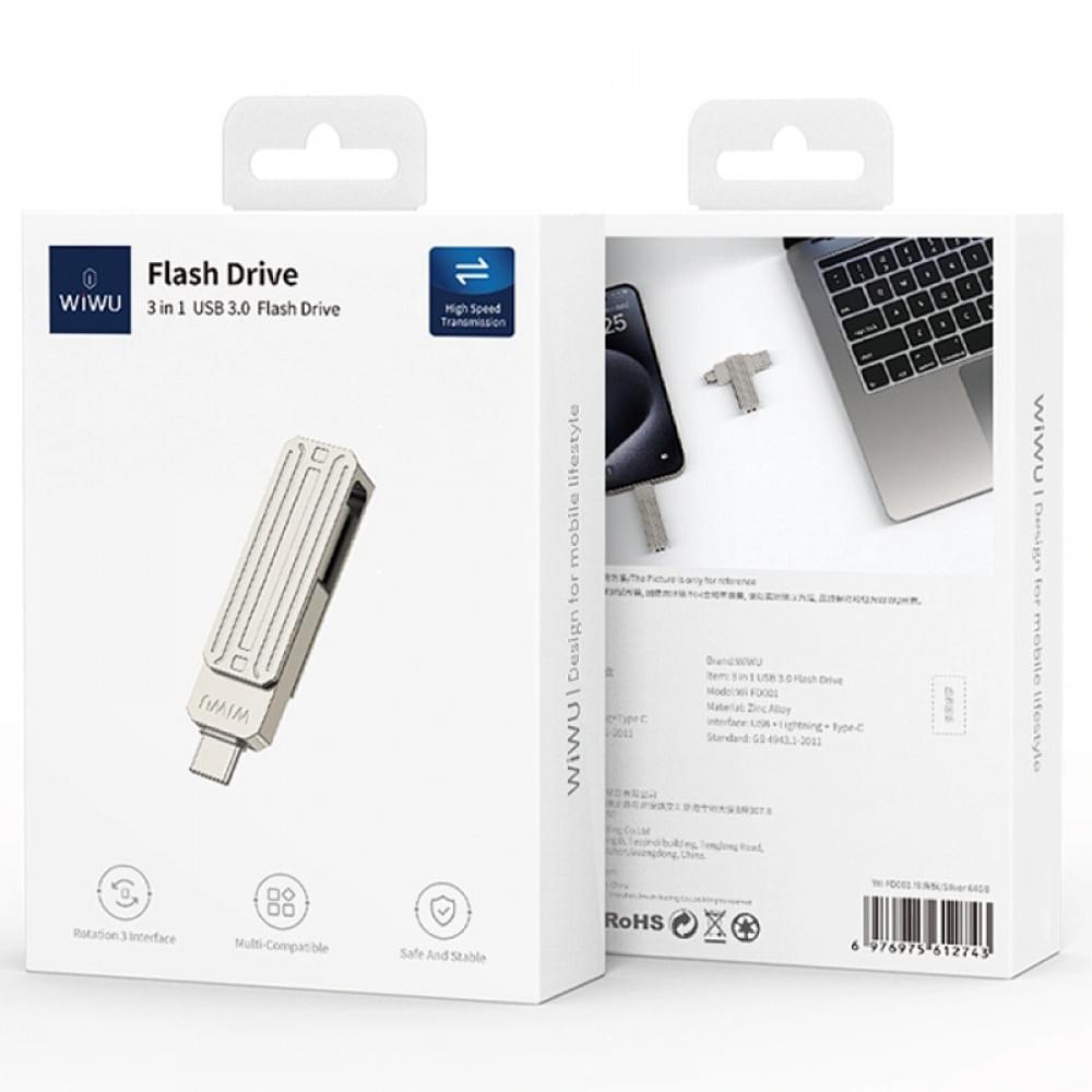Флеш-накопичувач WIWU Wi-FD001 3in1 (USB-A/C/L) USB 3.0 — 64GB Silver