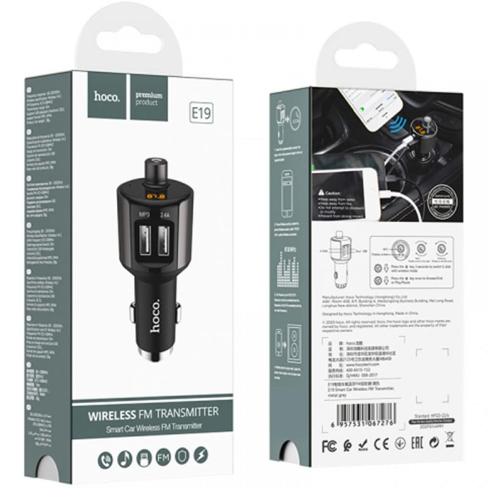 АЗП FM модулятор Hoco E19 (2USB 2.4А) Чорний / Сірий