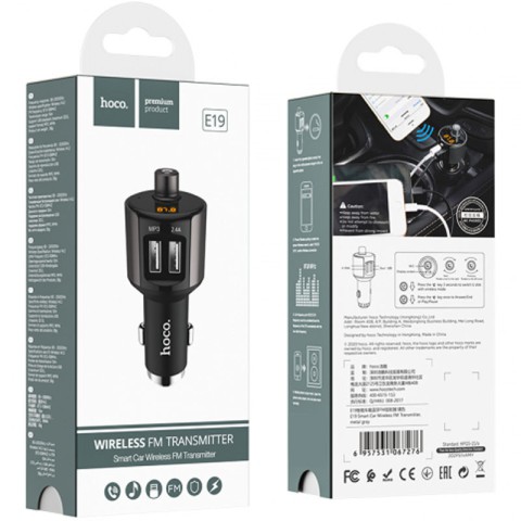 АЗП FM модулятор Hoco E19 (2USB 2.4А) Чорний / Сірий