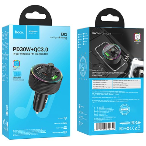 АЗП FM модулятор Hoco E82 Guerrero PD30W+QC3.0 (2USB-A/1C) Black