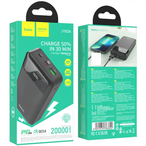 Портативний ЗП Power Bank Hoco J102A Cool figure PD20W+QC3.0 20000 mAh Black