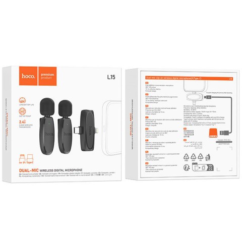 Петличний бездротовий мікрофон Hoco L15 Dual-mic clip-on wireless digital (Lightning/Type-C) Black