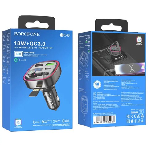 АЗП FM модулятор Borofone BC48 Broad 18W+QC3.0 (2USB-A/1C) Black