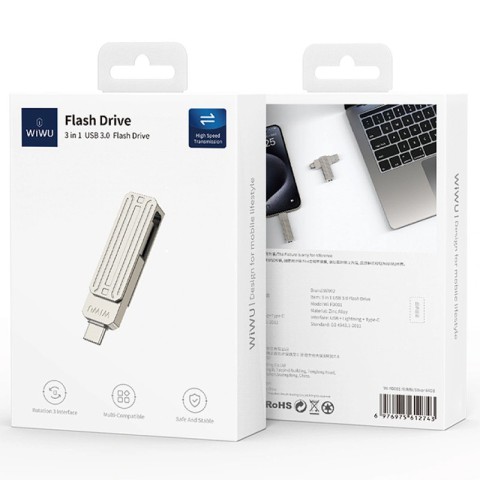 Флеш-накопичувач WIWU Wi-FD001 3in1 (USB-A/C/L) USB 3.0 — 256GB Silver