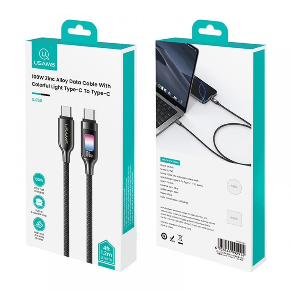 Дата кабель Usams US-SJ750 With Colorful Light TC Ser. Type-C to Type-C 100W (1.2m)