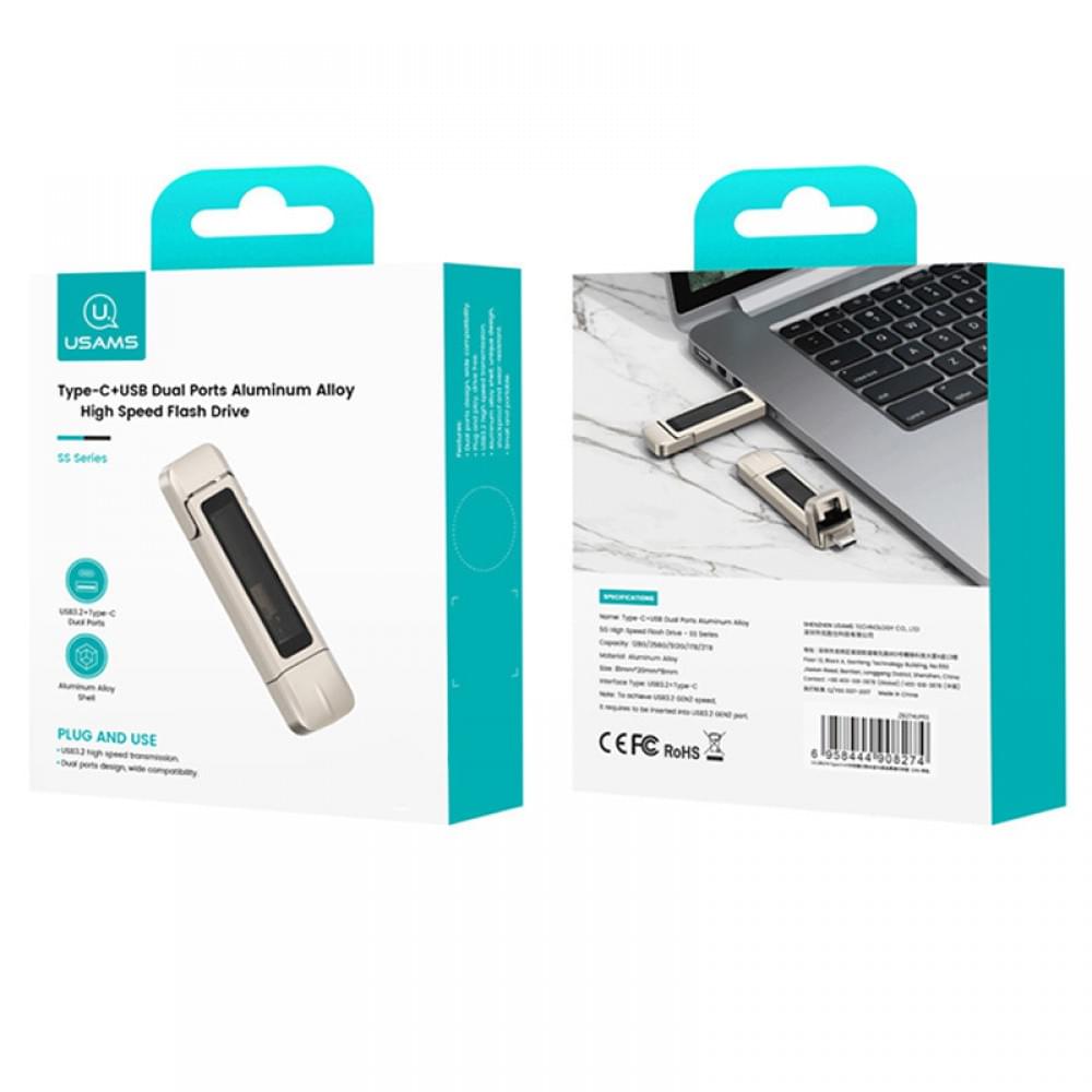 Флеш-накопичувач Usams US-ZB279 2in1 USB 3.2 + Type-C GEN1 Dual Ports Aluminum Alloy 10G – 256GB Silver