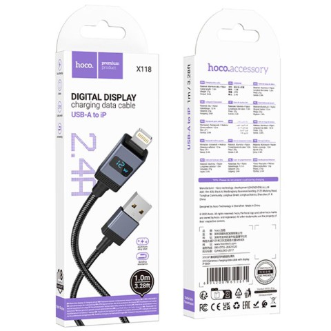 Дата кабель Hoco X118 Generous with display USB to Lightning 2.4A (1m) Black