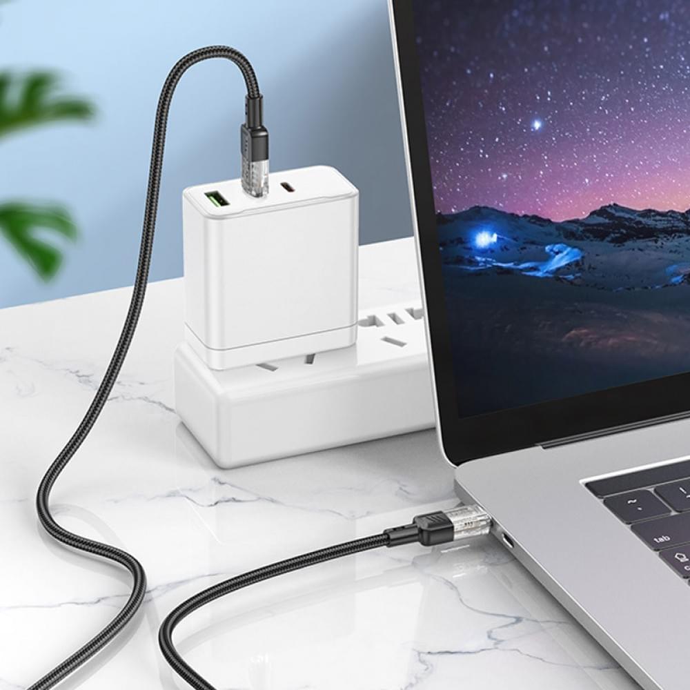 Дата кабель Hoco U129 Spirit Transparent Type-C to Type-C 60W (1.2m) Black