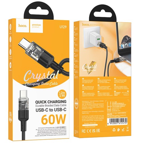 Дата кабель Hoco U129 Spirit Transparent Type-C to Type-C 60W (1.2m) Black