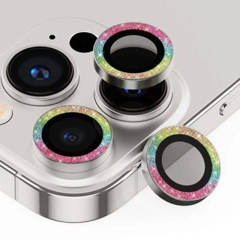 Захисне скло Metal Sparkles на камеру (у упак.) для Apple iPhone 15 Pro (6.1") /15 Pro Max (6.7") Бузковий / Rainbow