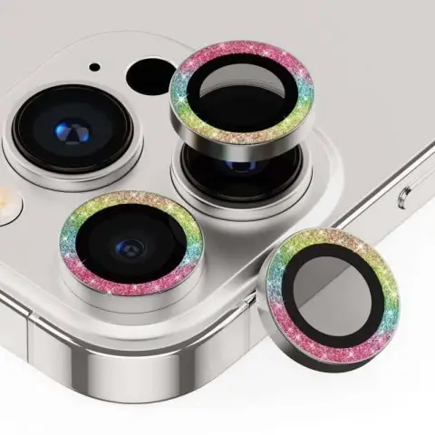 Захисне скло Metal Sparkles на камеру (у упак.) для Apple iPhone 15 Pro (6.1") /15 Pro Max (6.7") Бузковий / Rainbow