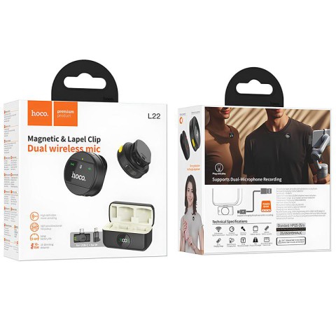 Петличний бездротовий мікрофон Hoco L22 Bright 2in1 (Lightning/Type-C) Black