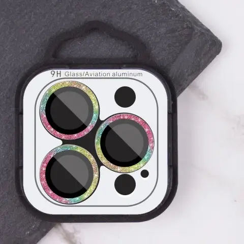 Захисне скло Metal Sparkles на камеру (у упак.) для Apple iPhone 15 Pro (6.1") /15 Pro Max (6.7") Бузковий / Rainbow