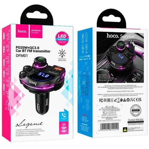 АЗП FM модулятор Hoco DFM01 Legend 20W+QC3.0 (2USB-A/1C) Black