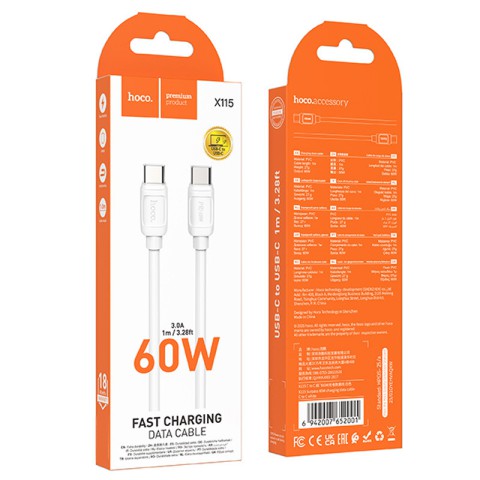Дата кабель Hoco X115 Surpass Type-C to Type-C 60W (1m) White