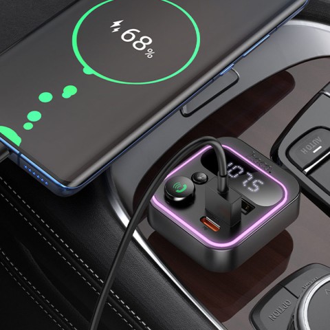 АЗП FM модулятор Hoco E85 Tiger PD20W+QC3.0 (2USB-A/1C) Black