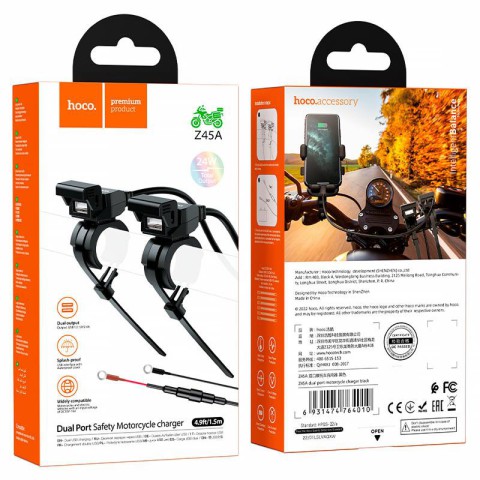 АЗП Hoco Z45A 2.4A для мотоцикла (2USB-A) Black
