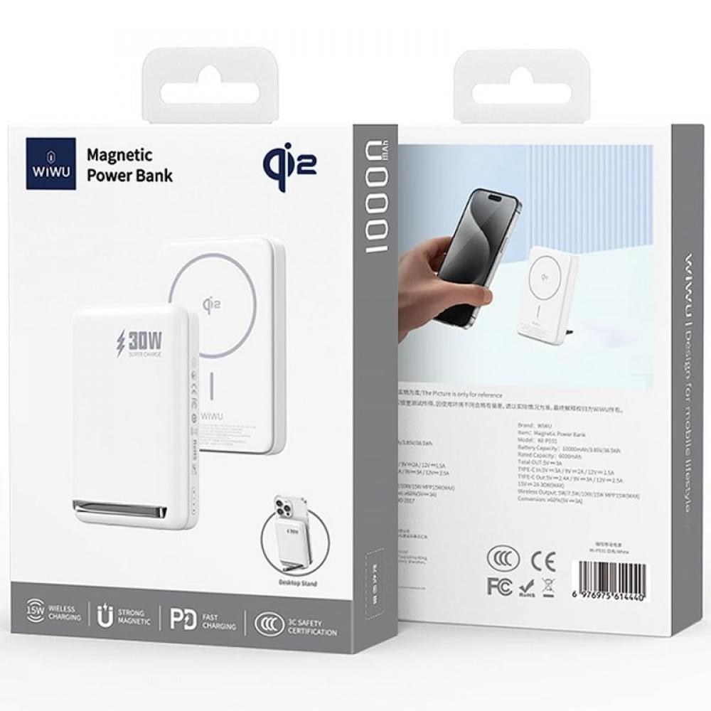 Портативний ЗП Power Bank WIWU Wi-P031 Magnetic з БЗП Qi2 30W 10000 mAh White