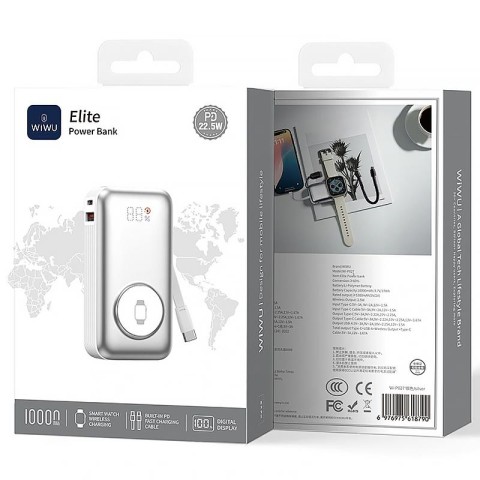 Портативний ЗП Power Bank WIWU Wi-P027 Elite 22.5W with cable 10000 mAh Silver