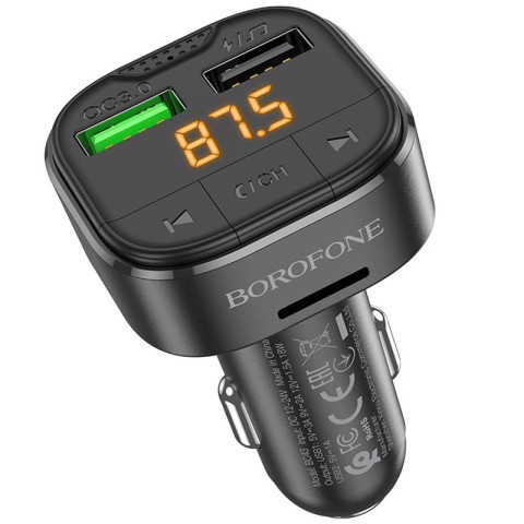 АЗП FM модулятор Borofone BC43 Flash 18W+QC3.0 (2USB-A) Black