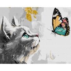 Набір для розпису по номерах "Мрійлива кішечка з фарбами металiк extra" Ideyka 40х50см КНО6679
