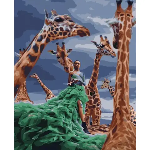Набір для розпису по номерах Дівчина серед жирафів, Strateg, 40x50 см, HH015