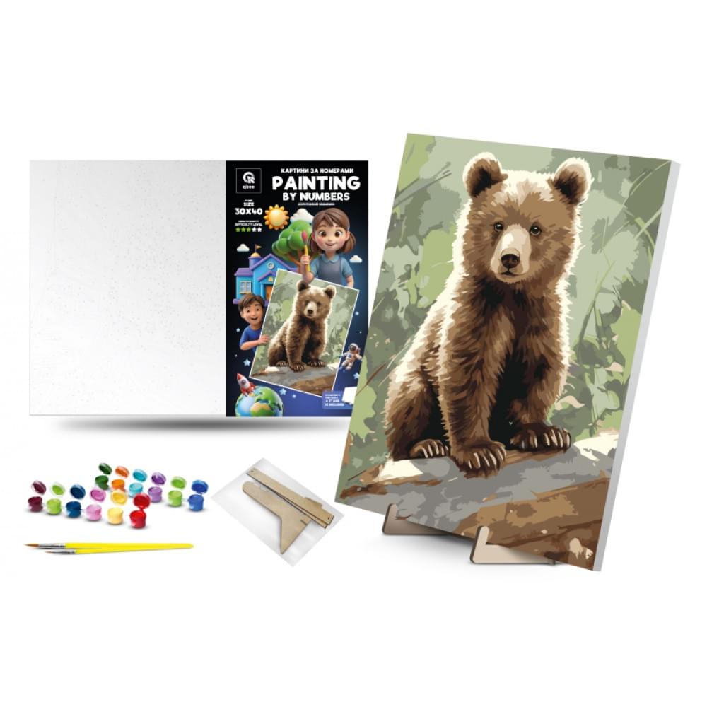 Набір для розпису по номерах Qbee "Допитливий ведмедик" з дерев'яною підставкою 30х40 см QB913-018
