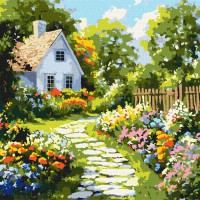 Набір для розпису по номерах Квіти біля хатини, Ideyka, 40x40 см, КНО6383