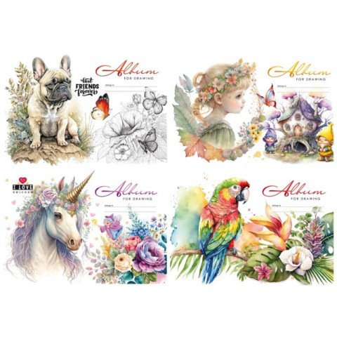 Альбом для малювання А4, 12 аркушів, 100 г/м², на скобі, дизайн 23037-23040 (В асортименті)