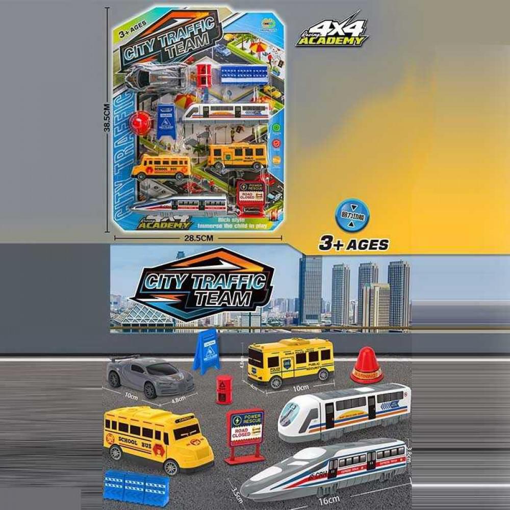 Набір машин 2 потяги, 2 автобуси, спорткар, знаки, на листі /84-2/