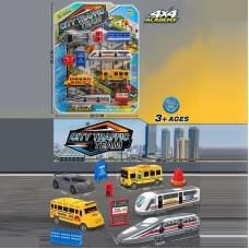 Набір машин 2 потяги, 2 автобуси, спорткар, знаки, на листі /84-2/