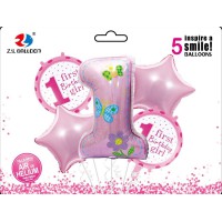 Набір фольгованих куль First Birthday-Girl, 5 шт. (1 шт. 80 см + 4 шт. 45 см)