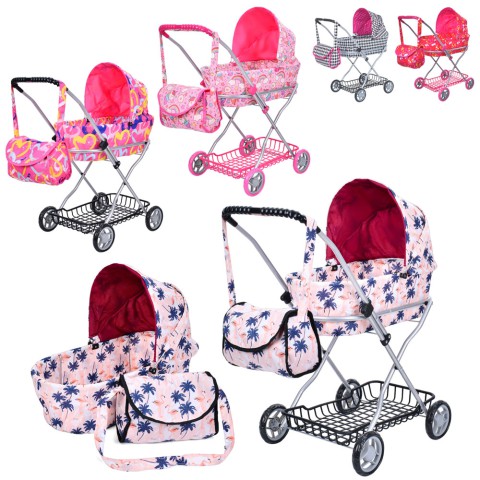 Коляска для ляльки Melogo, металева, 67x63x35 см, кошик, сумка, висота до ручки 66 см, 9325 (В асортименті)