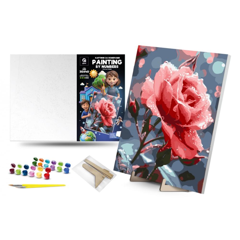 Набір для розпису по номерах Qbee "Роса на троянді" з дерев'яною підставкою 30х40 см QB900-058