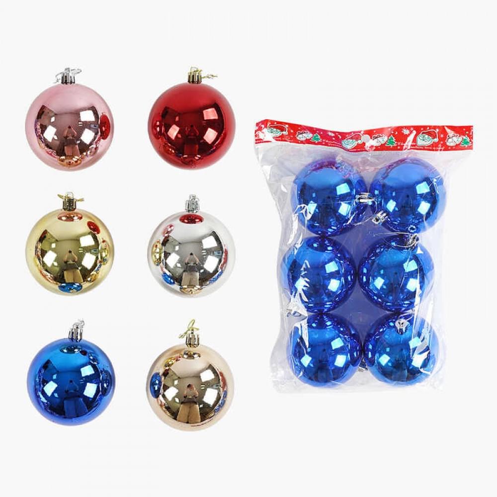 Новорічні прикраси 6 видів, кульки, 6 штук, D=8 см, у п/е , МІКС ВИДІВ /72/