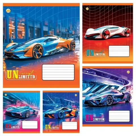 Зошити учнівські 18 аркушів клітинка Тверда Сучасні авто, 20 шт. в упаковці