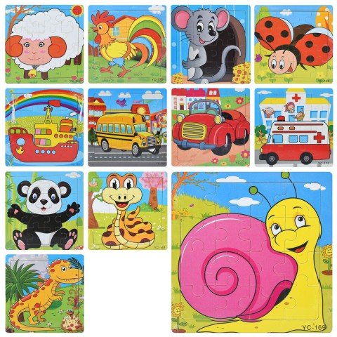 Дерев’яна іграшка Пазли, 16 деталей (тварини, комахи, транспорт, динозаври), 15x15x0.5 см (В асортименті)