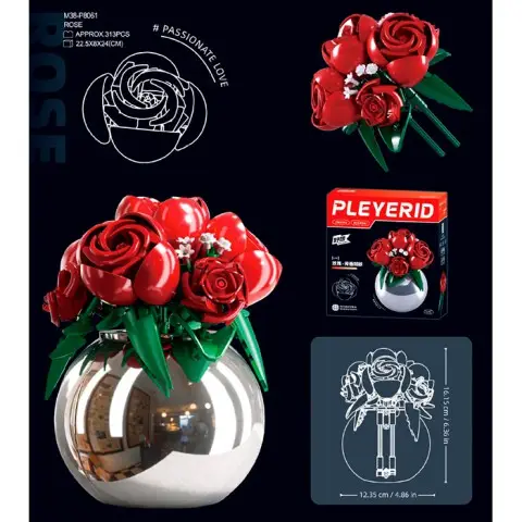 Конструктор SLUBAN Квіти у вазі Троянди, 16.15 см, 22.5x24x8 см