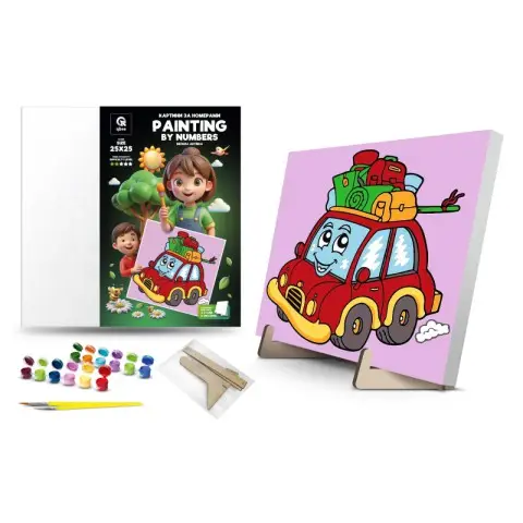 Картина за номерами Qbee Весела автівка з дерев’яною підставкою 25×25 см QB900-071