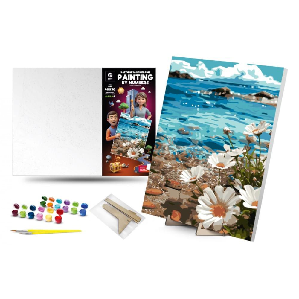 Набір для розпису по номерах Qbee "Космеї на узбережжі" з дерев'яною підставкою 40х50см QB900-039