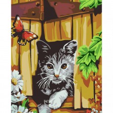 Картина за номерами  котик та метелик біля паркану strateg розміром 30х40 см (ss-6451)