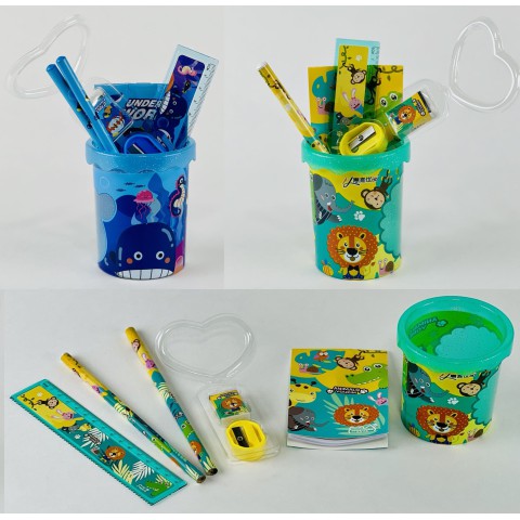 Стакан для ручок пластиковий Тварини, із наповненням, 6 предметів
